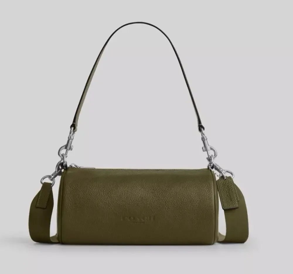 B16-003 NWT Coach Andre Barrel Bag 24 Olive Green Pebbled Leather